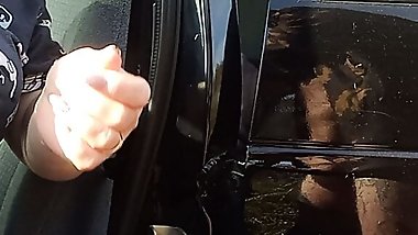 bitch sucks cock in a public place and gets a mouthful of cum