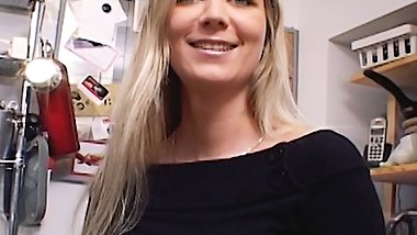 Outstanding German MILF with huge boobs dildoing her shaved muff in the kitchen