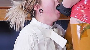 Lezdom blonde in trio with master and domina