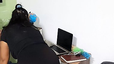 My stepmom sucks my dick when she's cleaning the studio