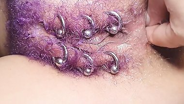 Purple Colored Hairy Pierced Pussy Get Anal Fisting Squirt