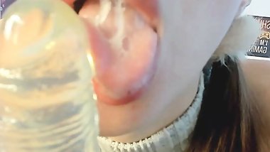 sucking long dildo close up show