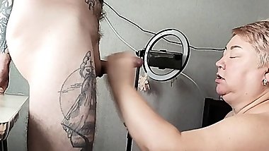 milf sucks my standing cock and takes cum in her mouth