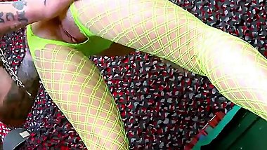 Blonde in green stockings gives a blowjob and fucks with Rob