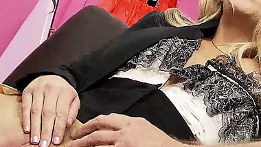 A sexy blonde prepares her pussy for her eager partner